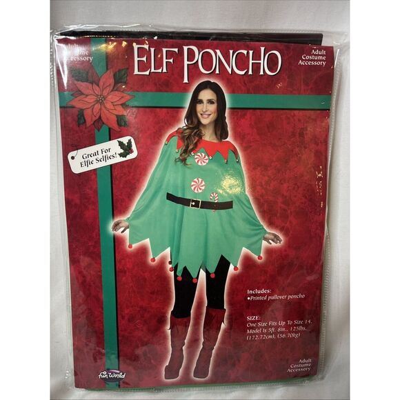 Elf Poncho Adult‎ Costume OSFM Accessory Holiday Party Christmas Green - Picture 1 of 3